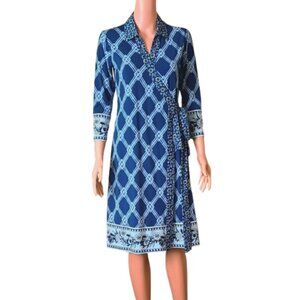 Women's Blue Wrap Dress Floral Lattice Trim 3/4 Sleeves Stretch